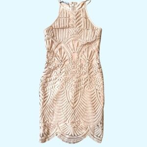 Tan Pink Sheath Mini Dress Halter Sleeveless Cocktail